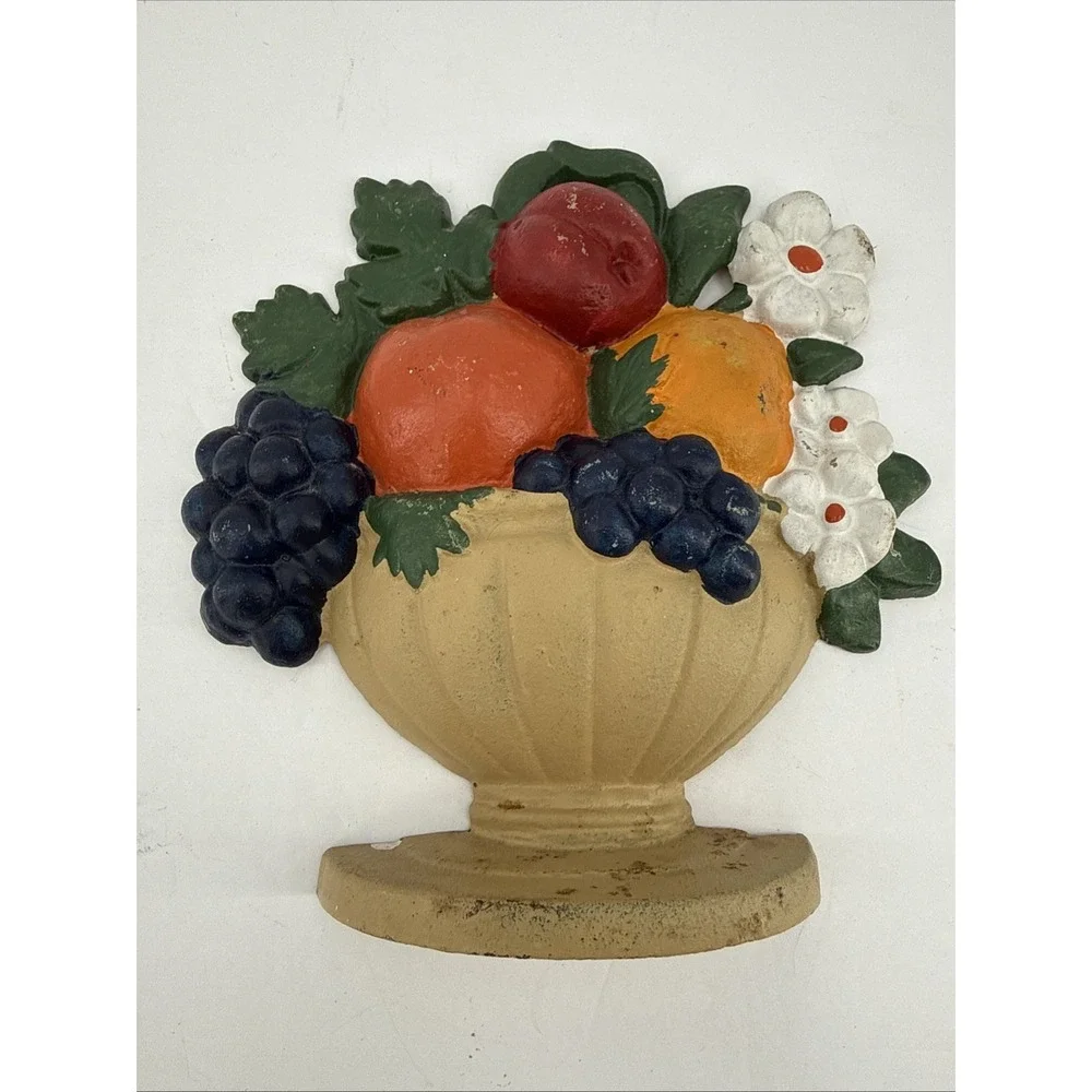 VTG Cast Iron Fruit Basket Doorstop Apple Grapes Flowers Cottage Farmhouse